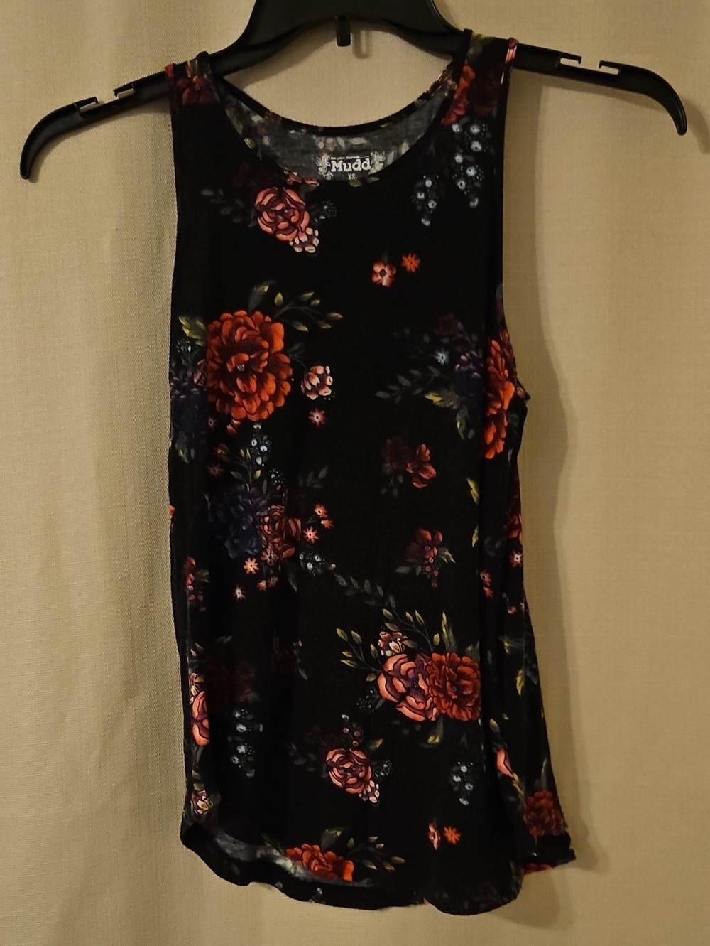 Mudd Black Floral Tank with Rose and Blue Accents